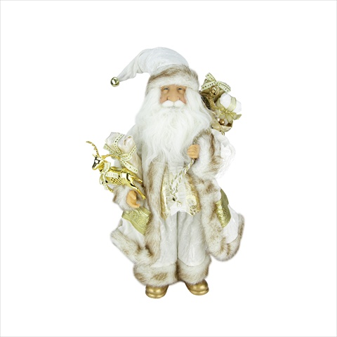 18 In. Standing Santa In Ivory & Gold Holding A Gift & Gift Bag