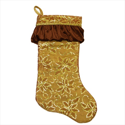 20 In. Gold Silk Embroidered Sequin Stocking With Bronze Ruffle Cuff
