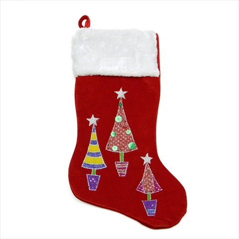 20.5 In. Red Velvet Hologram Sequin Christmas Tree Print Appique Stocking With Faux Synthetic Fur Cuff
