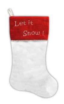 20.5 In. White Faux Synthetic Fur Stocking With Red Let Is Snow Velvet Cuff With Metallic Trim And Cord