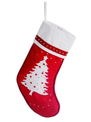 22 In. Red & White Embroidered Christmas Tree Stocking With Rhinestones