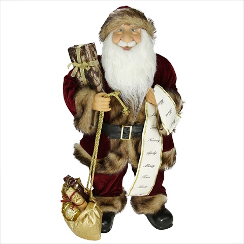 24 In. Standing Santa In Burgundy & Brown Holding A List Of Names