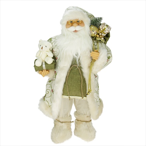24 In. Standing Santa In Ivory With Green Embroidery Holding A Teddy Bear And Gift Sack