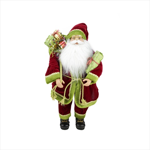 24 In. Standing Santa In Red And Green Holding A Gift Box And Bag
