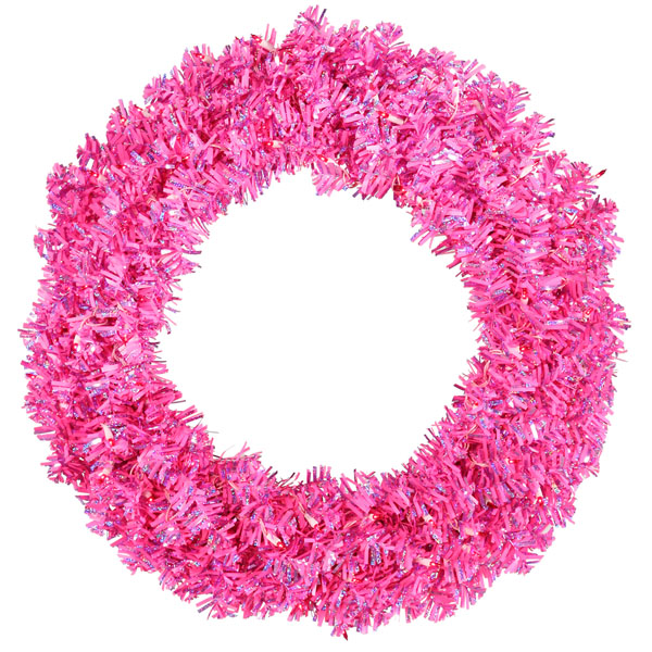 30 In. Pre-lit Sparkling Pink Wide Cut Artificial Christmas Wreath, Pink Lights