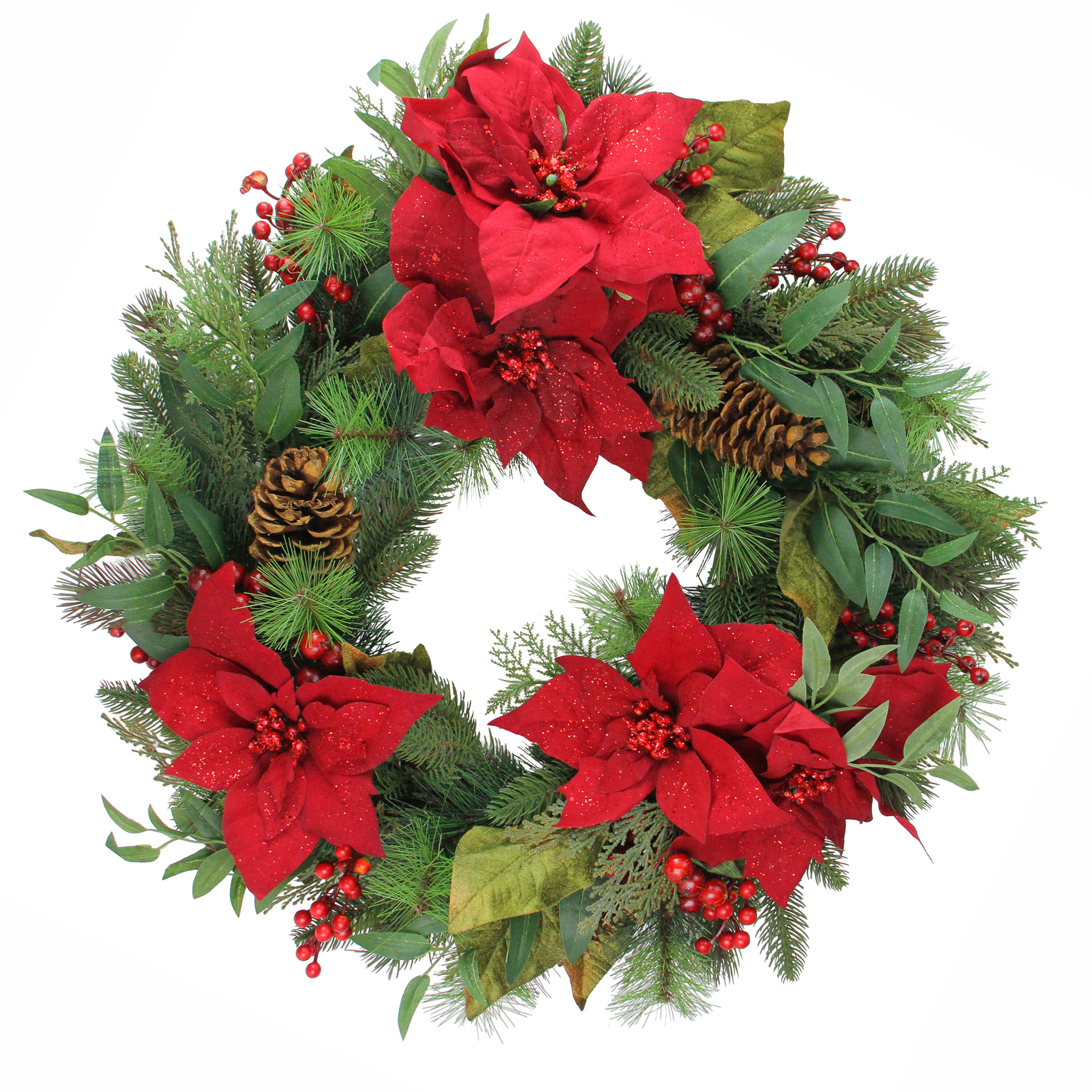 30 In. Red Poinsettia Blooms And Pine Cone Artificial Floral Christmas Wreath, Unlit