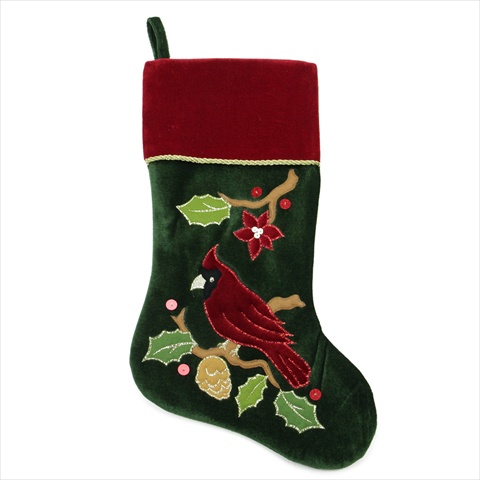 20.5 In. Green And Red Velvet Cardinal Applique Stocking With Gold Metallic Trim