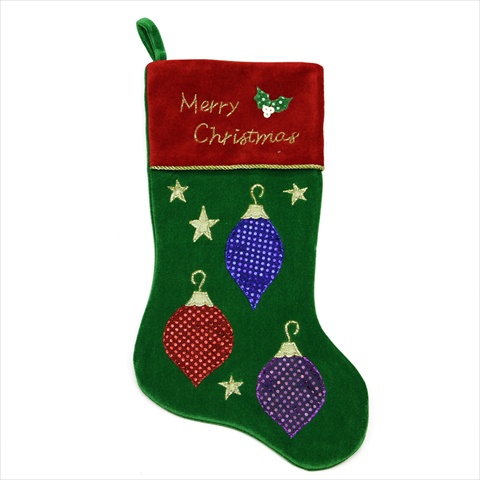 20.5 In. Green And Red Velvet Christmas Ornament Applique Stocking With Metallic Cord