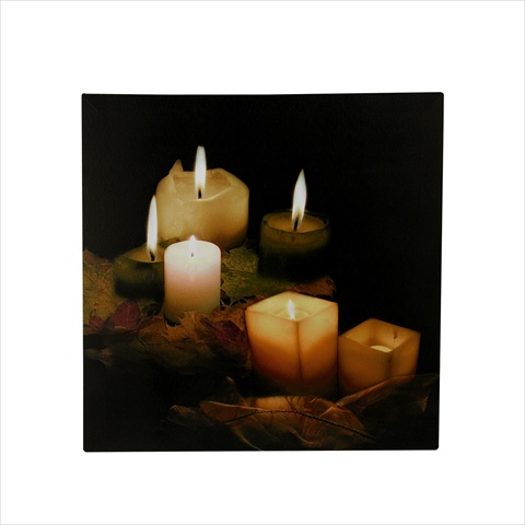 12 In. Battery Operated 5 Led Lighted Candle And Leaves Scene Canvas Wall Hanging
