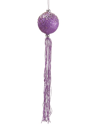 12 In. Regal Peacock Purple Glitter Christmas Ball Ornament With Tassels And Beads