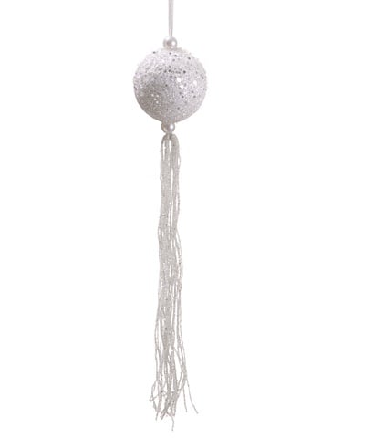 12 In. Winter Frost White Glitter Christmas Ball Ornament With Tassels And Beads