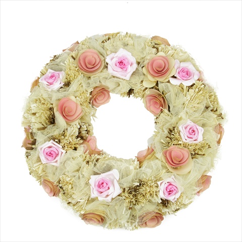 12.5 In. Wooden Pink And Cream Flowers And Leaves Artificial Wreath