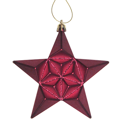 12-pieces Matte Burgundy Glittered Star Shatterproof Christmas Ornaments 5 In.