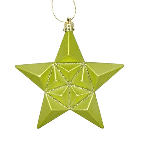 12-pieces Matte Green Kiwi Glittered Star Shatterproof Christmas Ornaments 5 In.