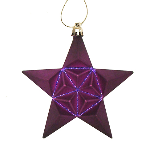12-pieces Matte Purple Glittered Star Shatterproof Christmas Ornaments 5 In.