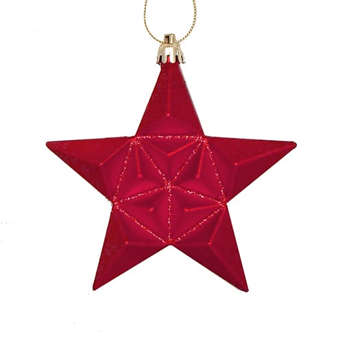 12-pieces Matte Red Hot Glittered Star Shatterproof Christmas Ornaments 5 In.