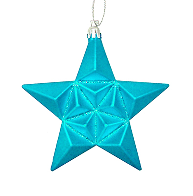 12-pieces Matte Turquoise Blue Glittered Star Shatterproof Christmas Ornaments 5 In.