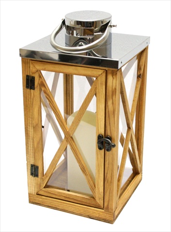 13.5 In. Rustic Wood And Stainless Steel Lantern With Led Flameless Pillar Candle With Timer