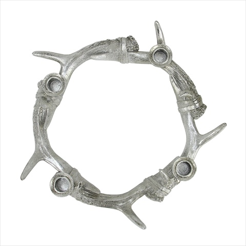 13.5 In. Silver Glitter Drenched Antler Wreath Christmas Taper Candle Holder Centerpiece