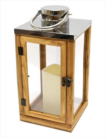 13.75 In. Country Rustic Wood And Glass Lantern With Led Flameless Pillar Candle With Timer