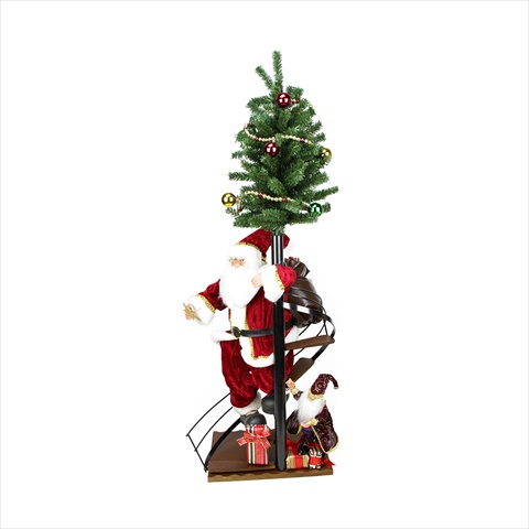 50 in. Santa Claus On Spiral Staircase With Tree And Elf Christmas Figure On Wooden Base