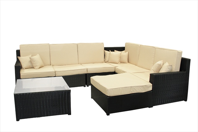 8-piece Black Resin Wicker Outdoor Furniture Sectional Sofa Table & Ottoman Set - Beige Cushions