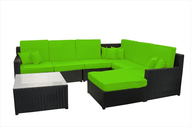 8-piece Black Resin Wicker Outdoor Furniture Sectional Sofa Table & Ottoman Set - Lime Green Cushions