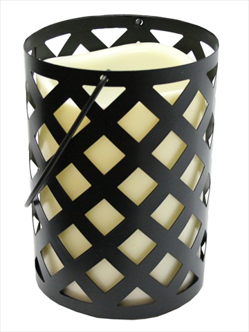 7 In. Black Metal Criss Cross Lantern With Bisque Led Lighted Flameless Indoor Or Outdoor Pillar Candle