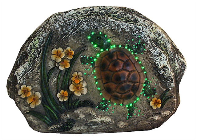 7 In. Led Lighted Solar Powered Turtle And Flowers Outdoor Garden Stone