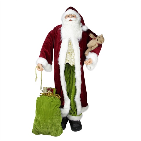 72 In. Standing Santa In Red Green And White Holding A Teddy Bear And A Green Bag