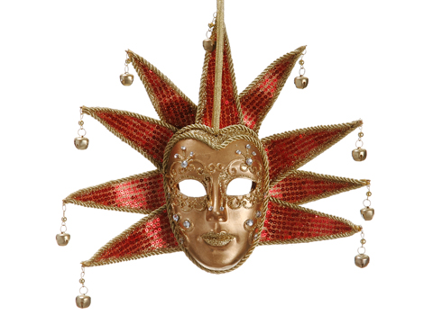8.5 In. Gold And Red Glittered Ornate Minstrel Masquerade Mask Christmas Ornament