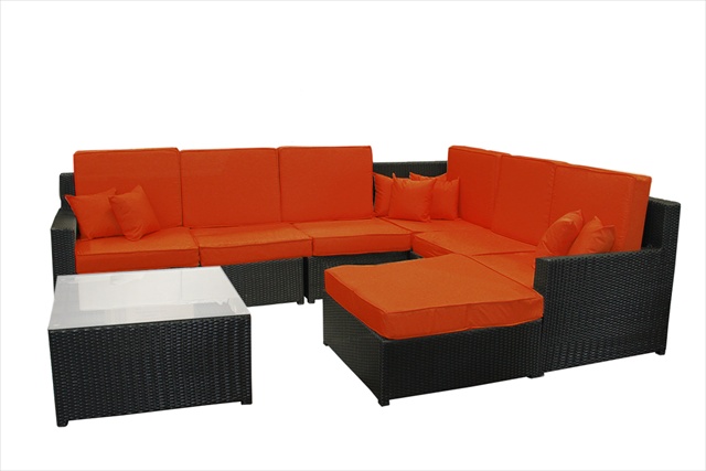 8-piece Black Resin Wicker Outdoor Furniture Sectional Sofa Table And Ottoman Set - Orange Cushions