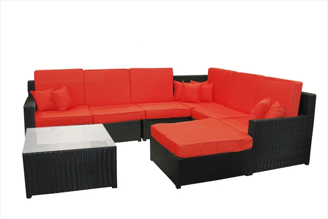 8-piece Black Resin Wicker Outdoor Furniture Sectional Sofa Table And Ottoman Set - Red Cushions