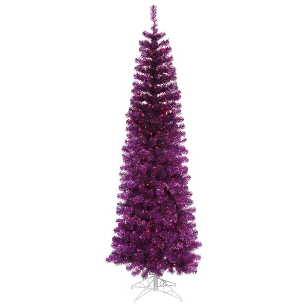 9 In. Pre-lit Purple Artificial Pencil Tinsel Christmas Tree - Purple Lights