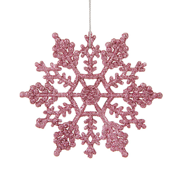 4 In. Club Bubblegum Pink Glitter Snowflake Christmas Ornaments, Pack - 24