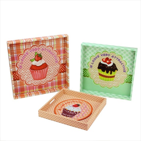 Decorative Cupcake Theme Wooden Trays, Set Of 3