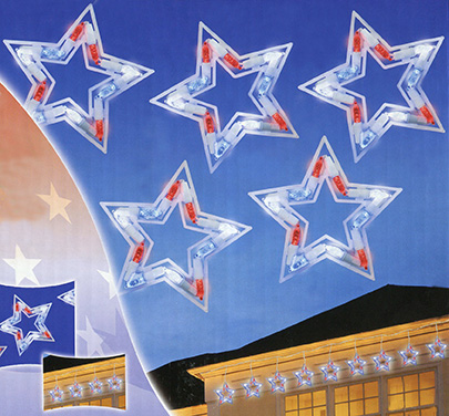 Led Red White And Blue Patriotic Star Christmas Lights - White Wire, Set Of 5