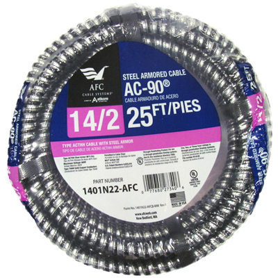 1401n22-afc 25 Ft. 14-2 Act Armored Cable Copper Conductors, 90 Degree C