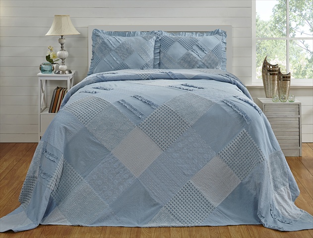 Bsrcdobl Double & Full Ruffled Chenille Patchwork Bedspread, Blue - 96 In.