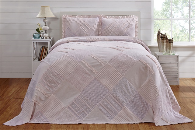 Bsrcqupi Queen Ruffled Chenille Patchwork Bedspread, Pink - 102 In.
