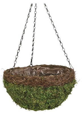83558 14 In. Green Natural Moss & Wicker Round Hanging Basket