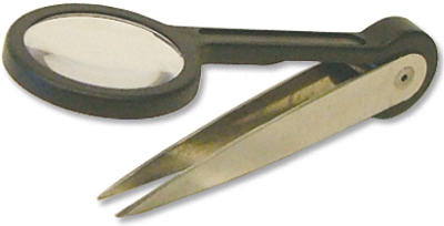 Hy-ko Products Kb341-bkt 3.5 In. Nickel Plated Tweezers With Attached Magnifying Lens Bucket - 30 Piece