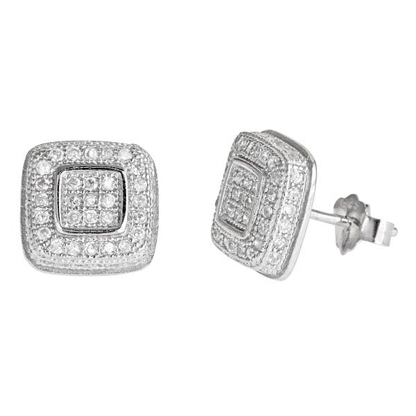Sse102 Sterling Silver Cushion Micropave Stud Earring - White