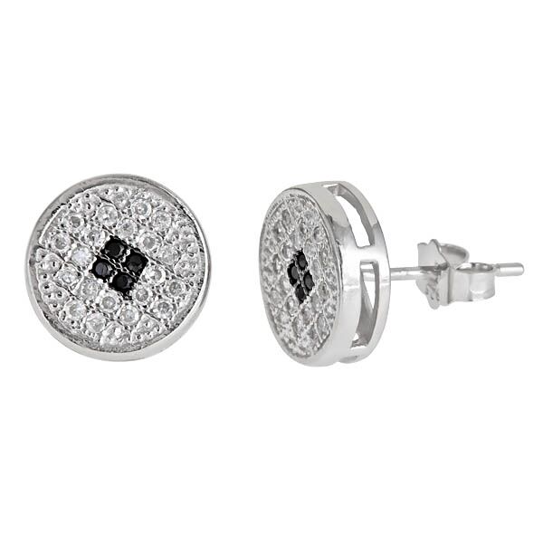 Sse113 Sterling Silver Mircopave Stud Earring - Round With Black Center