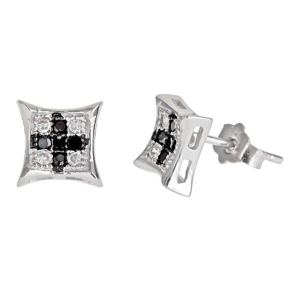 Sse115 Sterling Silver 3x3 Square Micropave Stud Earring - Black &amp; White