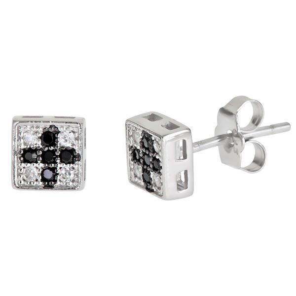 Sse117 Sterling Silver 3x3 Square Micropave Stud Earring - Black &amp; White