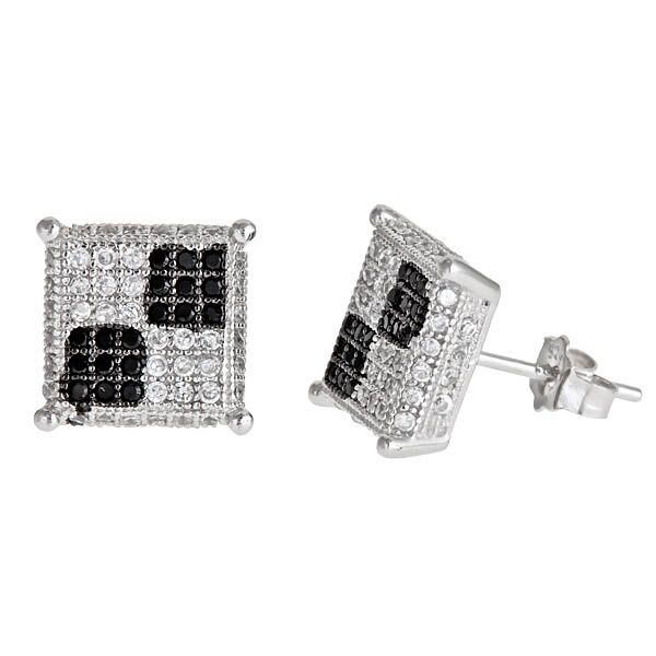 Sse118 Sterling Silver Checked Micropave Stud Earring - Black &amp; White