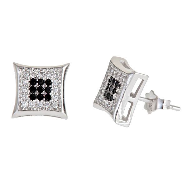 Sse122 Sterling Silver Square Micropave Stud Earring - Black &amp; White