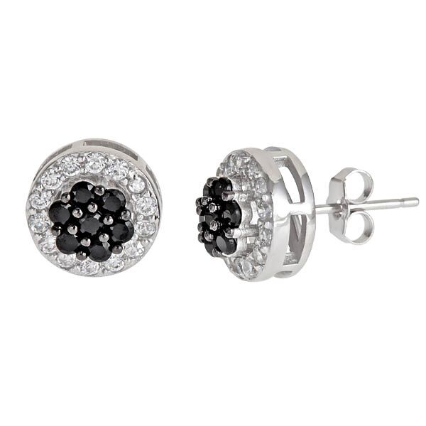 Sse130 Sterling Silver Round With Black Center Micropave Stud Earring