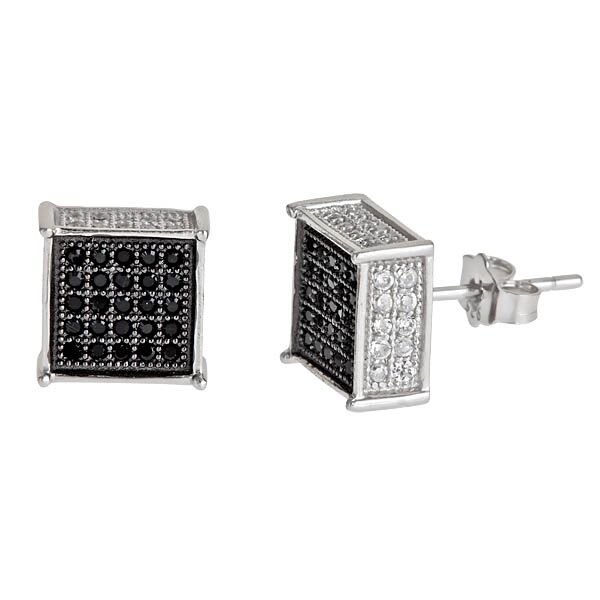 Sse133 Sterling Silver Square Micropave Stud Earring - Black With White Sides